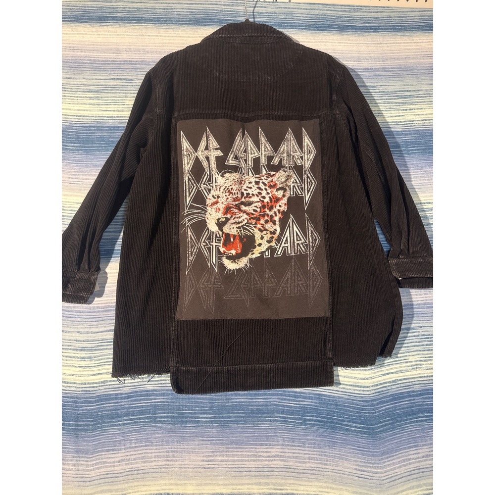 CRTV LTRCY Upcycled Black Corduroy Def Leppard Longline Jacket 1 of 1 Distressed